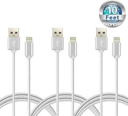CE-Link(TM) Certified 10 Feet / 3 Meters Nylon Braided Lightning Charging Cord for iPhone iPad iPod - (Pack of 3)