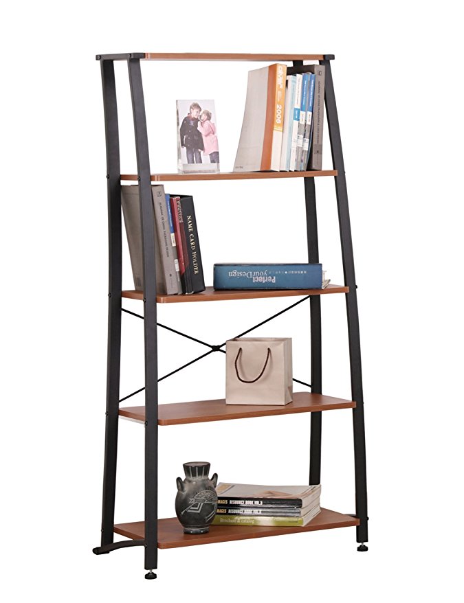 FIVEGIVEN 5 Shelf Ladder Bookshelf Modern Wood Bookcase Open Back Sonoma Cherry