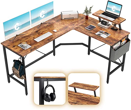 Cubiker Modern L-Shaped Computer Office Desk, Corner Gaming Desk with Monitor Stand, Home Study Writing Table Workstation for Small Spaces, Rustic