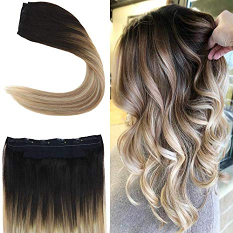 Youngsee 18inch 80g/set Remy Silk Straight Secret Halo Extensions Human Hair Balayage Darkest Brown Fading Fading to Medium Brown with Blonde Invisible Wire Hidden Halo Extensions