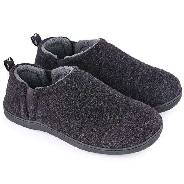 Men's Fuzzy Wool Felt Memory Foam Slippers with Dual Side Elastic Gores