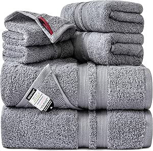 SEMAXE Solid 6-Piece Towel Set, Grey, 600GSM 100% Cotton, 2 Each of Bath Towel, Hand Towel, and Washcloths, Gift Box Packaging, Hanging Loop Design, Nano-Bio Lifecycle Label