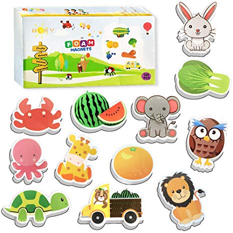 HLXY Fridge Magnets for Toddlers Kids 100 Pcs Animals Magnets -Fruit Vegetables Vehicle Magnets - Foam Magnets Educational Toy for Preschool Learning