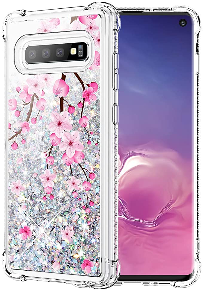 Caka Case for Galaxy S10, Galaxy S10 Glitter Case Bling Flower Cherry Blossom Girls Girly Women Luxury Fashion Flowing Liquid Floating Sparkle Glitter Soft TPU Case for Samsung Galaxy S10 (Cherry)