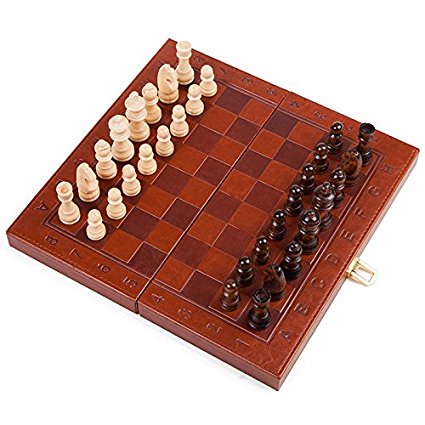 Agirlgle Travel Wooden Chess Set for Adults with Folding Leather Chess Board with Storage and Handmade Wood Chess Pieces