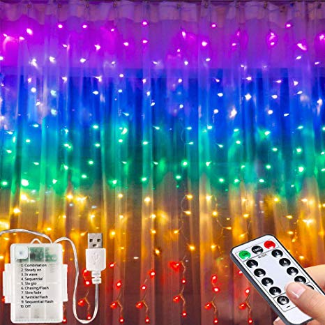 Led Fairy Curtain Light- 3M*1.5M USB Operated Or Battery Powered String Lights,200Led Colorful Window Fariy lights With Remote &Timer /8Modes Fariy Lights For Bedroom Dorm Wall Party Wedding Décor RGB