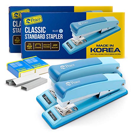 Peace Stapler with 2000 Staples, 2 Pack, Desk Metal Stapler, 25 Sheet Capacity, Standard Commercial Stapler, 100% Made in Korea, Blue Stapler