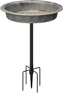 VIVOHOME Oval Polyresin Bird Bath Bowl with Metal Stake, 29 Inch Height Outdoor Freestanding Birdfeeder, Capacity 1.3 Gallons, 5-Pronged Base, Gray