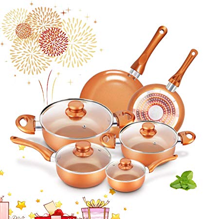 FRUITEAM 10-Piece Cookware Set Non-Stick Kitchen Set, Copper Pots and Pans Set Ceramic Induction Cooking Set Toxic Free Aluminum Pan with Lid, Stay Cool Handles Kitchenware Set…