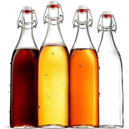 Swing Top Clear Glass SQUARE Bottle With Airtight Stopper - 33.75 oz (4 Pack) Fliptop Grolsch Bottles Great for Oil and Vinegar, Beverages, Kombucha, Homemade Juices, Smoothies, Homebrewing, Beer ETC.