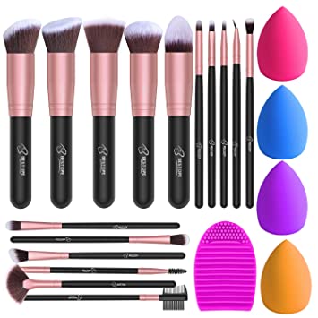 BESTOPE 16Pcs Makeup Brushes Set, 4Pcs Beauty Blender Sponge Set and 1 Brush Cleaner, Premium Synthetic Foundation Brushes Blending Face Powder Eye Shadows Make Up Brushes Kit