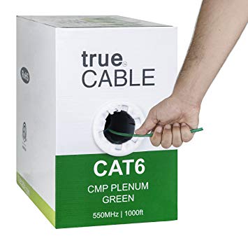 Cat6 Plenum (CMP), 1000ft, Green, 23AWG 4 Pair Solid Bare Copper, 550MHz, ETL Listed, Unshielded Twisted Pair (UTP), Bulk Ethernet Cable, trueCABLE