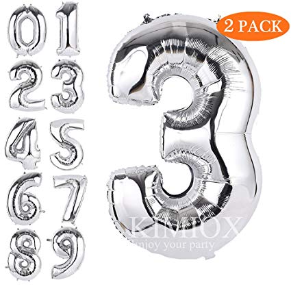 KIMIOX Number Balloons, 2 Pcs 40 Inch Birthday Number Balloon Party Decorations Supplies Helium Foil Mylar Digital Balloons (Silver Number 3)