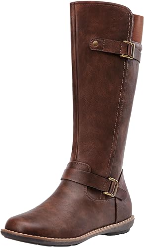 Jeossy Women's 9655 Knee High Boots Flat Riding Boots Buckle Tall Boots with Zipper for Women