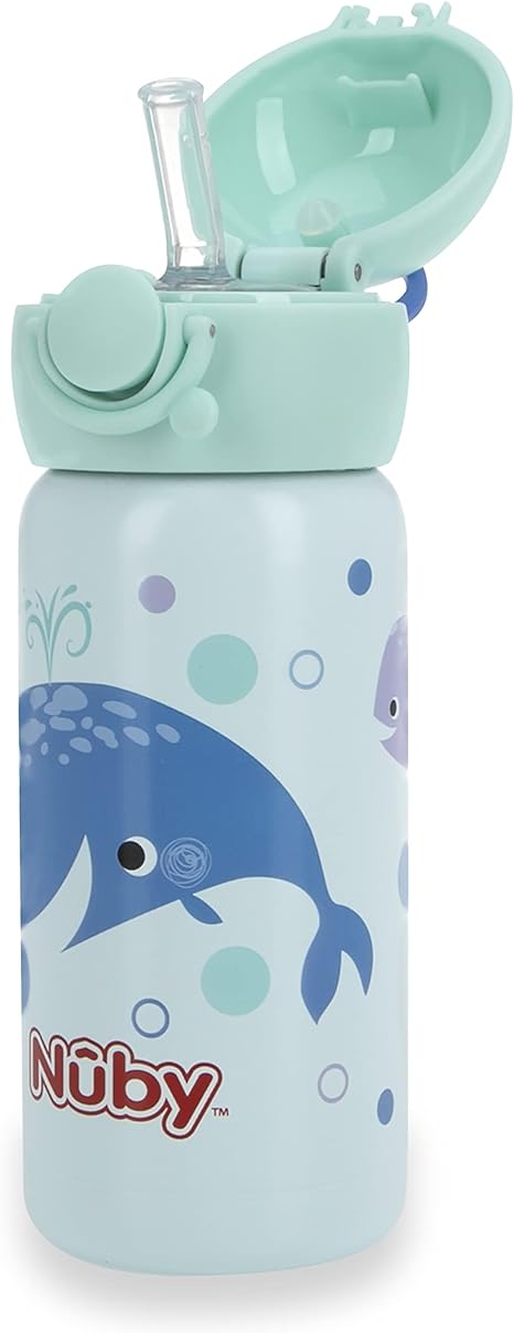 Nuby Thirsty Kids No Spill Flip-It Active Stainless Steel Travel Cup or Water Bottle - 14 Oz - 18  Months - Mint Whale