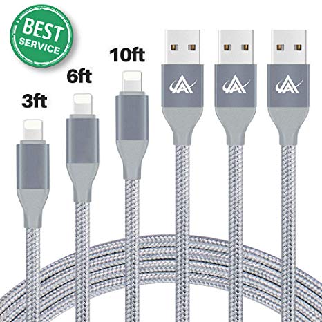 iPhone Charger,Lansen 3 Pack(1M 2M 3M) Lightning Charging Cable, Multi Safety Defense, Nylon Braided, Ultra Durable Compatible with iPhone X / 8/8 Plus/ 7/7 Plus /6/6 Plus/5s-Gray415