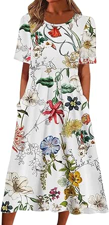 Casual Summer Dresses for Women, Women's Boho Floral Long Dress Casual Loose Flowy Beach Vacation Dresses with Pocket