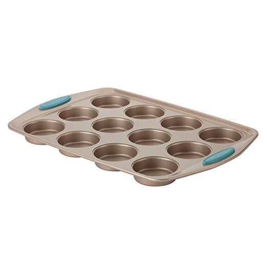 Rachael Ray Cucina Nonstick Bakeware 12-Cup, Latte Brown, Agave Blue Handle Grips