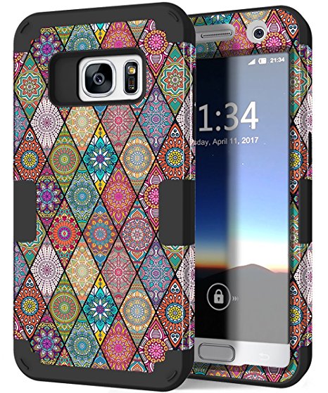 Galaxy S7 Case, Hocase Drop Protection Shock Absorbing Silicone Rubber Bumper Hard Shell Hybrid Dual Layer Full-Body Protective Phone Case for Samsung Galaxy S7 (2016) - Mandala Flowers / Black