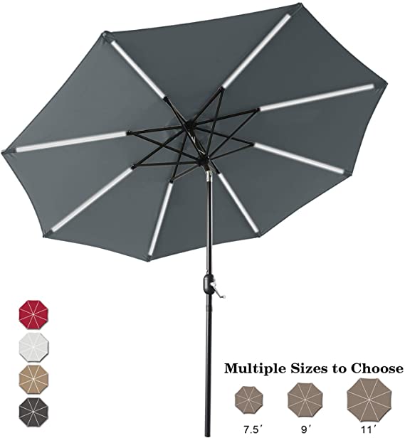 ABCCANOPY 9FT Patio Umbrella Solar Powered Outdoor Umbrella, Market Umbrella with 8LED Lights Bars, Push-Button Tilt and Crank for Garden, Deck, Backyard and Pool,4 Colors (Dark Gray)