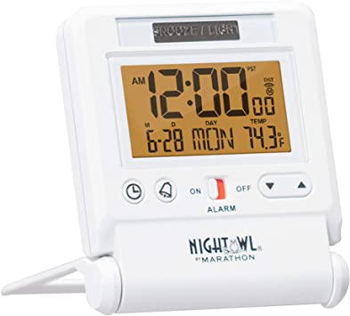 Marathon Atomic Travel Alarm Clock with Auto Back Light Feature, Calendar and Temperature. Folds into One Compact Unit for Travel - Batteries Included - CL030036WH (White)