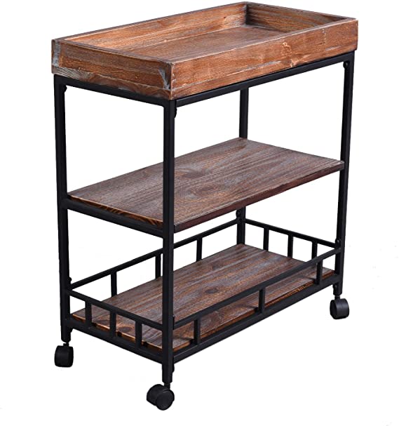 Diwhy Industrial 3 Tier Rolling Utility Storage Cart Wine Beverage Rolling Wood and Metal Wine Rack with Wheels Kicthen Bar Dining Room Tea Wine Holder Serving Cart