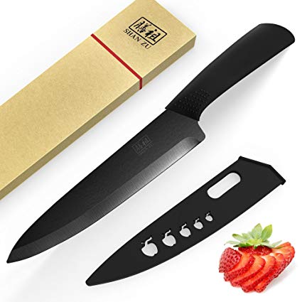 SHAN ZU Ceramic Knife 20cm Chef Knife Black Hand Kitchen Cutlery with Sheath Gift Box