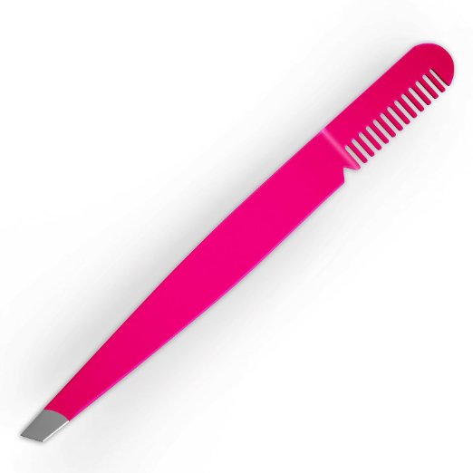 KlipPro Eyebrow Tweezer with Comb - Slant Tip Bright Pink - BOGO SALE Limited Time Offer - Details Below