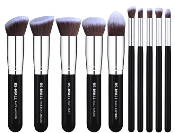BS-MALL Premium Synthetic Kabuki Makeup Brush Set Cosmetics Foundation Blending Blush Eyeliner Face Powder Brush Makeup Brush Kit(10pcs, Silver Black)