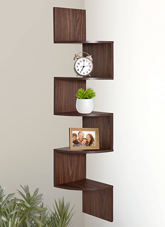 Greenco GRC2920 5 Tier Wall Mount Corner Shelves Walnut Finish