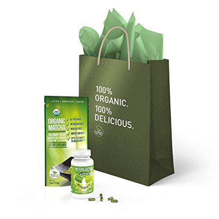 Kiss Me Organics Matcha Gift Set - Organic Culinary Matcha (4 oz) & Matcha Capsules (150 capsules) - Includes a Beautiful Branded Gift Bag