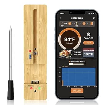 Meat Thermometer Wireless - 500FT Smart Bluetooth Meat Thermometers for BBQ, Oven, Grill, Kitchen, Smoker, Rotisserie, Long Range, Measures Internal & Ambient Temp, Probe Lasts Up to 16 Hours