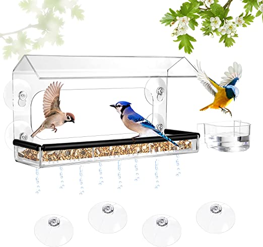 Petbank Window Bird Feeders, Window Bird House with Strong Suction Cups and 2-Sectioned Removable Tray, Bird feeder Kits with Drain Holes, Separate Water Bowl, 4 Extra Suction Cups, L(11.8x3.9x6.3 in)