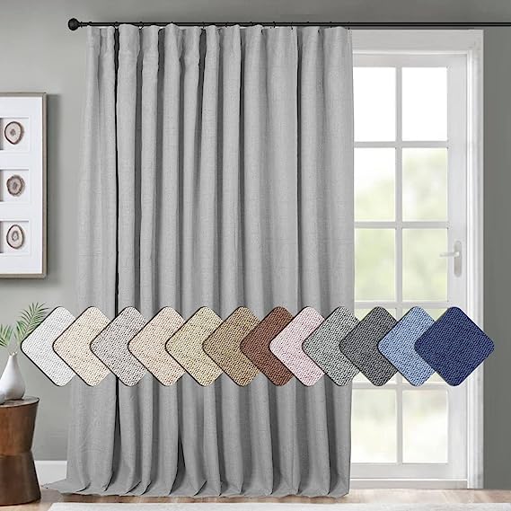 INOVADAY Thermal Sliding Door Curtains 100% Blackout Extra Wide Patio Door Curtains Linen Textured Farmhouse Sliding Glass Door Curtain Drapes (W100 x L84, 1 Panel, Grey)