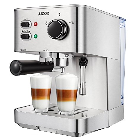 Espresso Machine Aicok, Cappuccino and Latte Coffee Maker, 15 Bar Espresso Maker with Independent Milk Frother, Stainless Steel Coffee Machine