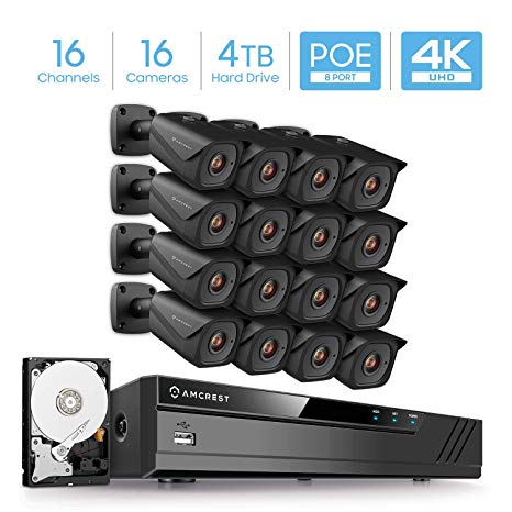 Amcrest 4K Security Camera System w/4K 16CH (8-Port PoE) NVR, (16) x 4K (8MP) IP67 Weatherproof Metal Bullet POE IP Cameras (3840x2160), Pre-Installed 4TB HDD, NV4116E-IP8M-2496EB16-4TB (Black)