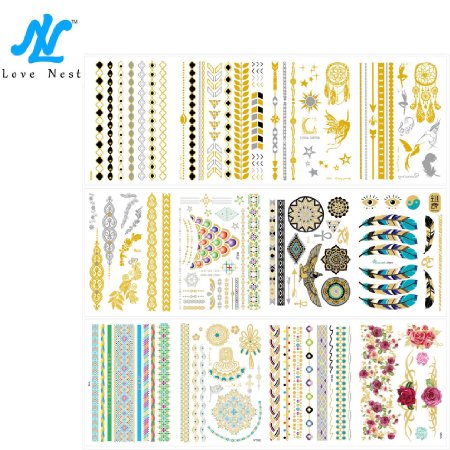 12 Premium Sheets - Metallic Flash Temporary Tattoos - Gold and Silver Bling Temporary Waterproof Tatoo,botanical Temporary Tattoo Custom Temporary Tattoos for Kids (1 Pack, Series 15)
