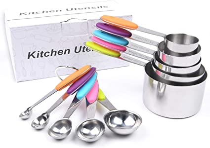 Vicloon Measuring Cups and Spoons, 304 Stainless Steel Measuring Cups and Measuring Spoons, Soft Silicone Handle and Ruler for Baking, Kitchen Cooking