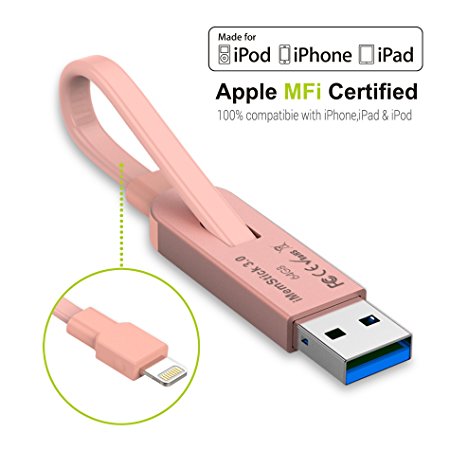 iPhone Lightning Flash Drive 64GB USB 3.0 Adapter, ZeroLemon iMemStick 2-in-1 Lightning Flash Drive External Storage Memory Stick with Charging Cable for iPhone/iPad/iPod/PCs/Mac Computers- Pink