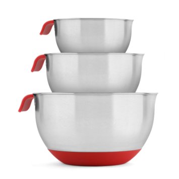 Blümwares 18/10 Stainless Steel Mixing Bowls with Handle and Spout, Set of 3 (Red)