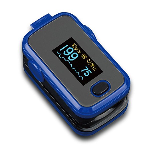 AMEMO ® Fingertip Pulse Oximeter - FDA Approved Blood Oxygen and Heart Rate Monitor, with Alarm and Beep, With Batteries, Lanyard, Silicone Cover and Carrying Case (Blue)