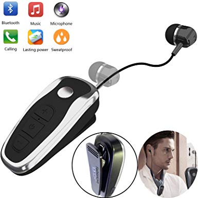 Bluetooth Headset Wireless Retractable Business Headphones Business Earbud Clip on Earpiece Compatible with Samsung iPhone Huawei LG Smart Cell Phones