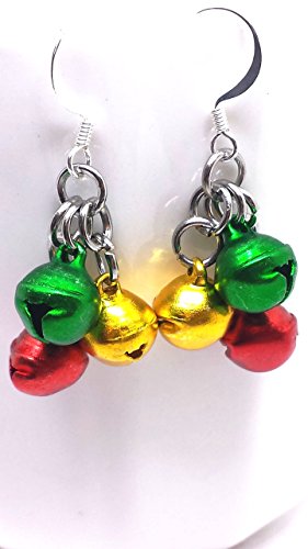 Jingle bell earrings. Red, green, and gold.