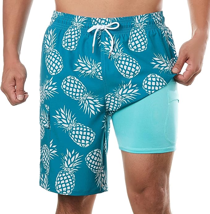 BRISIRA Mens Swim Trunks 9 Inch Inseam Board Shorts with Compression Liner Swimsuit Bathing Suit Quick Dry Cargo Pocket