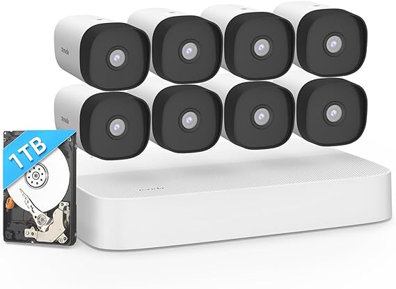 Tenda 4MP PoE Security Camera System Outdoor, 4K NVR Security Camera System for Home with 8 Wired Bullet PoE IP Cameras 1TB HDD, IP67, H.265, Night Vision, Audio Pickup, Human Detection (K8P-4TR-1T)