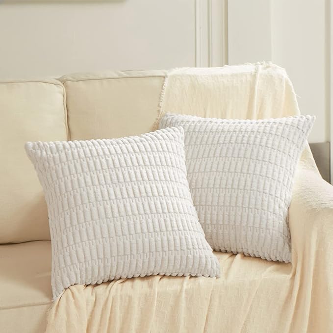 Fancy Homi 2 Packs Pure White Decorative Throw Pillow Covers 18x18 Inch for Living Room Couch Bed Sofa, Rustic Farmhouse Boho Home Decor, Soft Striped Corduroy Square Cushion Case 45x45 cm