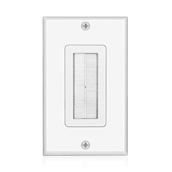 TNP Brush Wall Plate - Single Gang Cable Entry Access Brush Bristles Style Strap Opening Port Insert Socket Wiring Plug Jack Decorative Face Cover Outlet Mount Panel (White)