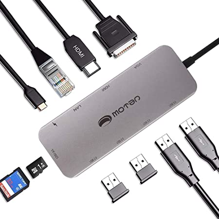 USB C Hub,10-in-1 USB Ethernet Adapter,Powered USB Hub,USB to VGA Adapter,with 2 USB 3.0 Ports and 2 USB 2.0 Ports,SD/TF Card Reader,USB Hub Compatible with MacBook and Other USB-C Laptops