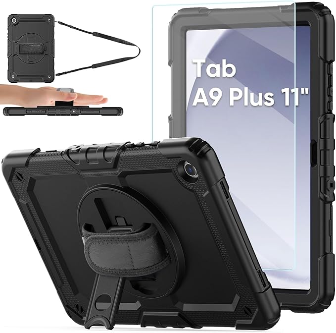 Case for Samsung Galaxy Tab A9 Plus 11 Inch 2023 with Tempered Glass Screen Protector Pencil Holder,BLOSOMEET Galaxy A9  Plus Tablet Case with Shoulder Strap Hand Strap&Stand,Black