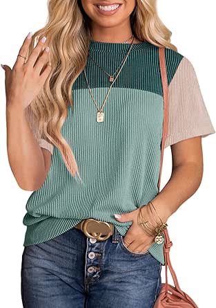 Dokotoo Womens Color Block Fashion Short Sleeve Crewneck Knitted Spring Summer Casual Loose T Shirts Tops